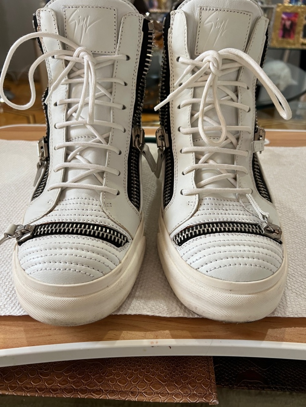Giuseppe Zanotti White Leather High-Top Sneakers with Black Zippers